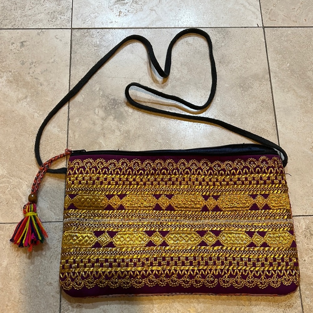 Gold and Red Embroidered Crossbody Bag